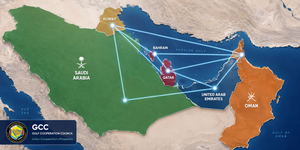 Map of GCC countries connected with network lines showing business partnership and regional market integration