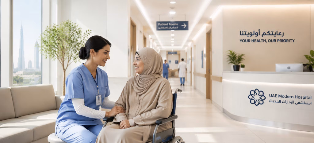 Healthcare professionals working in modern hospital in Abu Dhabi UAE